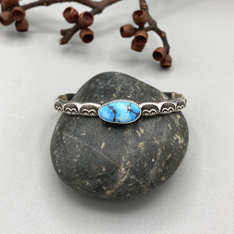 Chunky Stamped Stacker Cuff- Size M/L- Natural Golden Hills Turquoise and Chunky Sterling Silver Bracelet
