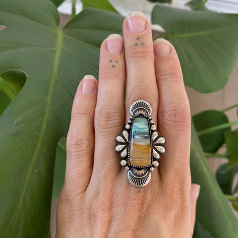 The Peacock Ring - Blue Opal Petrified Wood and Sterling Silver- Finished to Size or as a Pendant