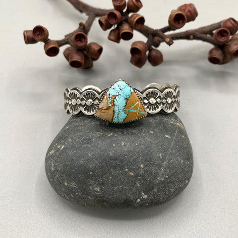 The Desert Rose Cuff- Size S/M- Natural Royston Turquoise and Stamped Sterling Silver Bracelet