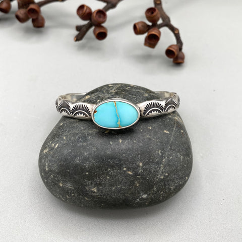 Heavyweight Stamped Cuff- Size S/M- Natural Royston Turquoise and Chunky Sterling Silver Bracelet