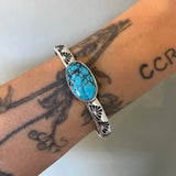 Heavyweight Stamped Cuff- Size S/M- Bamboo Mountain Turquoise and Chunky Sterling Silver Bracelet