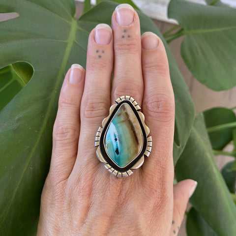 The Shadowbox Ring - Blue Opal Petrified Wood and Sterling Silver- Finished to Size or as a Pendant