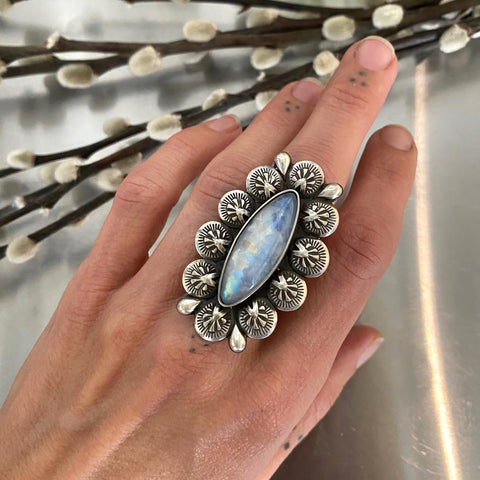 The Shield Ring- Rainbow Moonstone and Sterling Silver- Finished to Size or as a Pendant