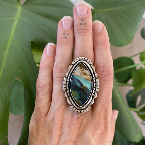 The Silhouette Ring - Blue Opal Petrified Wood and Sterling Silver- Finished to Size or as a Pendant