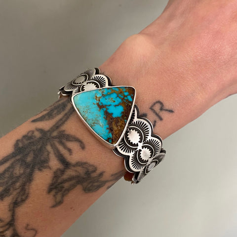 The Eye of The Storm Cuff- Size S/M- Kingman Rising Phoenix Turquoise and Stamped Sterling Silver Bracelet