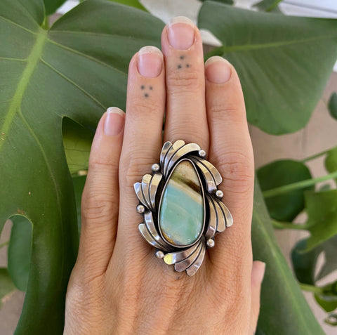 The Wave Ring - Blue Opal Petrified Wood and Sterling Silver- Finished to Size or as a Pendant