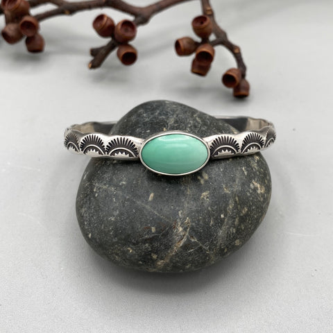 Heavyweight Stamped Cuff- Size L/XL- Natural Broken Arrow Variscite and Chunky Sterling Silver Bracelet