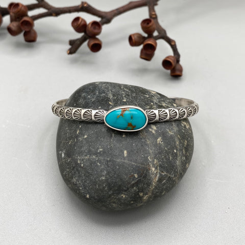 Chunky Stamped Stacker Cuff- Size L/XL- Royston Turquoise and Chunky Sterling Silver Bracelet