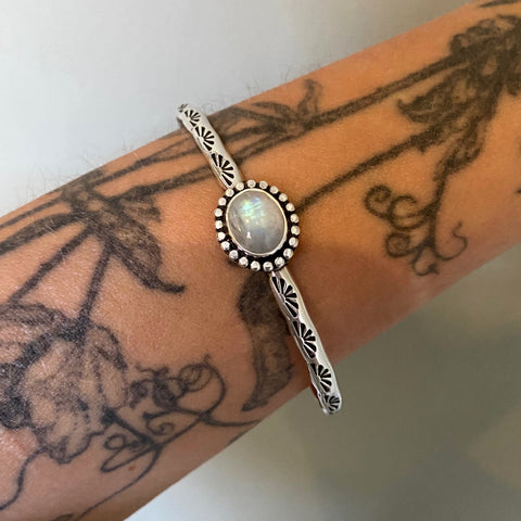 Stamped Stacker Cuff- Size L/XL- Rainbow Moonstone and Sterling Silver Bracelet