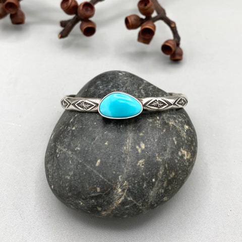 Chunky Stamped Stacker Cuff- Size XS/S- Royston Turquoise and Chunky Sterling Silver Bracelet