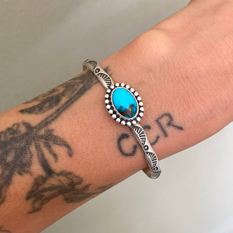 Stamped Stacker Cuff- Size XS/S- Lone Mountain Turquoise and Sterling Silver Bracelet