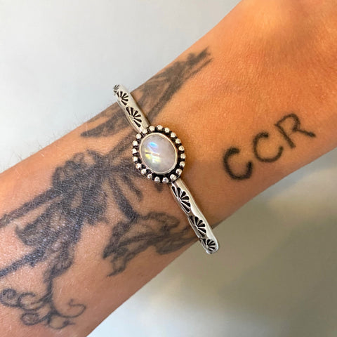 Stamped Stacker Cuff- Size XS/S- Rainbow Moonstone and Sterling Silver Bracelet