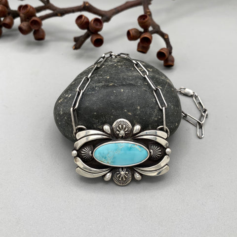 The Aura Necklace- Natural Royston Turquoise and Sterling Silver- 18" Sterling Paperclip Chain