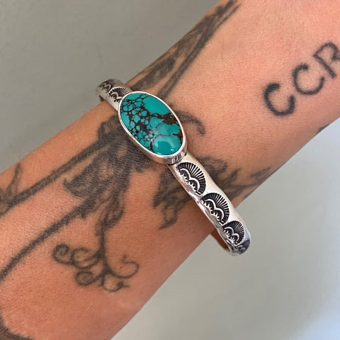 Heavyweight Stamped Cuff- Size M/L- Bamboo Mountain Turquoise and Chunky Sterling Silver Bracelet