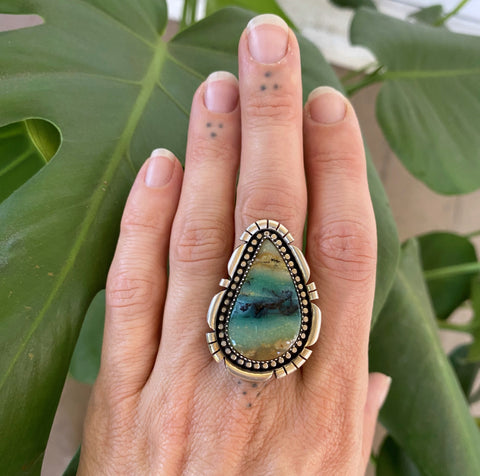 The Beachcomber Ring - Blue Opal Petrified Wood and Sterling Silver- Finished to Size or as a Pendant