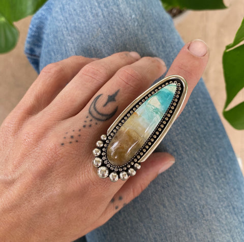 The Talon Ring- Blue Opal Petrified Wood and Sterling Silver- Finished to Size or as a Pendant
