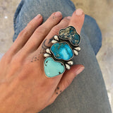 The XXL Bedrock Ring- Morenci II, Turquoise Mountain, and Natural Carico Lake Turquoise and Sterling Silver- Finished to Size or as a Pendant