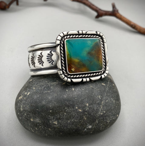 The Blue Lagoon Cuff- Size S/M- Blue Opal Petrified Wood and Stamped Sterling Silver Bracelet