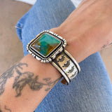 The Blue Lagoon Cuff- Size S/M- Blue Opal Petrified Wood and Stamped Sterling Silver Bracelet