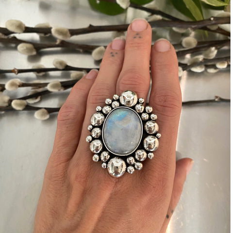 The Moonstone Supernova Ring- Rainbow Moonstone and Sterling Silver- Finished to Size or as a Pendant