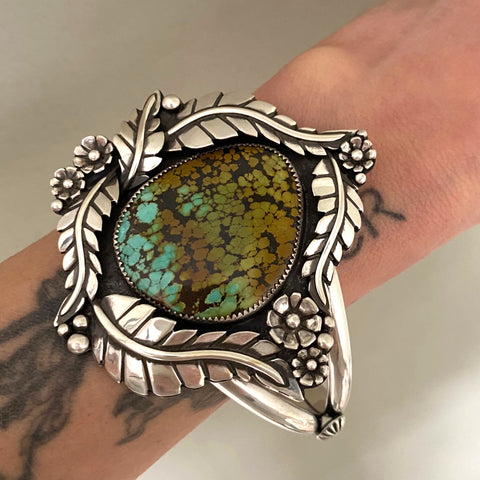 The Full Bloom Cuff- Size L/XL- Bamboo Mountain Turquoise and Sterling Silver Bracelet