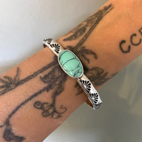 Heavyweight Stamped Cuff- Size M/L- Emerald Rose Variscite and Chunky Sterling Silver Bracelet
