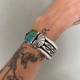 The Fluorescence Cuff- Size S/M- Bamboo Mountain Turquoise and Stamped Sterling Silver Bracelet