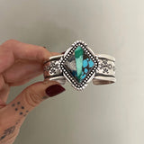 The Folklore Cuff- Size S/M- Morenci II Turquoise/Emerald Rose Variscite/Number 8 Turquoise and Stamped Sterling Silver Bracelet
