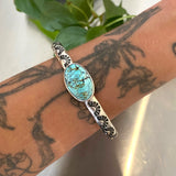 Heavyweight Stamped Cuff- Size L/XL- Hubei Turquoise and Chunky Sterling Silver Bracelet