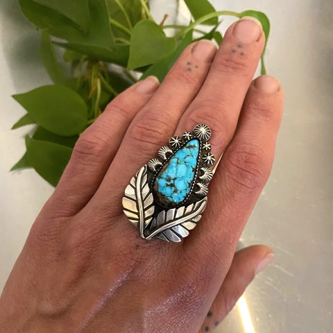 The Nightbloom Ring- Kingman Turquoise and Sterling Silver- Finished to Size or as a Pendant