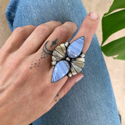 The Mariposa Ring- Blue Lace Agate and Sterling Silver- Finished to Size or as a Pendant