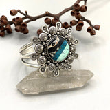 The Moon Phase Cuff- Size L/XL- Iron Buffalo/Morenci II Turquoise/Emerald Rose Variscite and Sterling Silver Bracelet