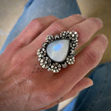 The Moonflower Ring- Rainbow Moonstone and Sterling Silver- Finished to Size or as a Pendant