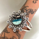 The Moon Phase Cuff- Size L/XL- Iron Buffalo/Morenci II Turquoise/Emerald Rose Variscite and Sterling Silver Bracelet