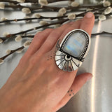 The Cosmic Portal Ring- Rainbow Moonstone and Sterling Silver- Finished to Size or as a Pendant