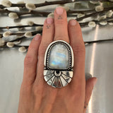 The Cosmic Portal Ring- Rainbow Moonstone and Sterling Silver- Finished to Size or as a Pendant