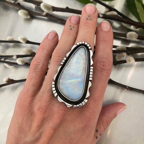 The Shadowbox Ring- Rainbow Moonstone and Sterling Silver- Finished to Size or as a Pendant