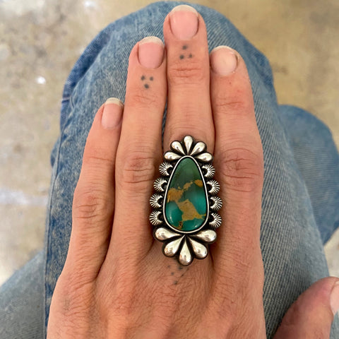 The Moonflower Ring 1- Natural Royston Turquoise and Sterling Silver- Finished to Size or as a Pendant