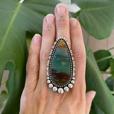 The Neptune Ring - Blue Opal Petrified Wood and Sterling Silver- Finished to Size or as a Pendant