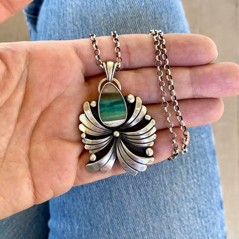 The Octopus's Garden Necklace - Blue Opal Petrified Wood and Sterling Silver- 18" Chunky Sterling Rolo Chain