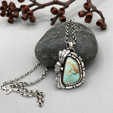 The Twin Palms Necklace- Natural Royston Turquoise and Sterling Silver- 20" Chunky Sterling Rolo Chain