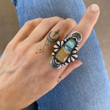The Peacock Ring - Blue Opal Petrified Wood and Sterling Silver- Finished to Size or as a Pendant