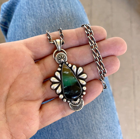 The Peacock Necklace - Blue Opal Petrified Wood and Sterling Silver- 18" Chunky Sterling Infinity Chain