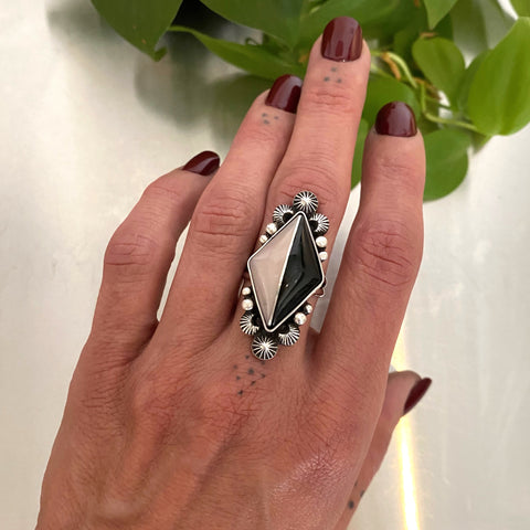The Duality Ring #3- Peruvian Pink Opal/Obsidian and Sterling Silver- Finished to Size or as a Pendant