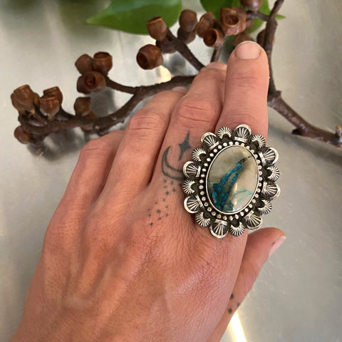The Sundial Ring- Blue Lightning Chrysocolla and Sterling Silver- Finished to Size or as a Pendant