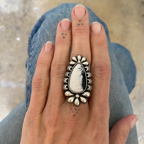 The Moonflower Ring 2- Natural White Buffalo and Sterling Silver- Finished to Size or as a Pendant