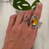 Celestial Amber Ring- Size 10- Hand Stamped Sterling Silver and Mayan Amber