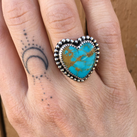 Kingman Turquoise Heart Ring- Sterling SIlver Stamped Band Size 5.75-6
