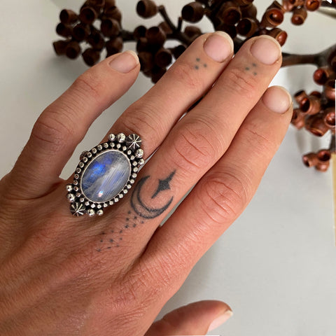 Celestial Rainbow Moonstone Ring- Size 5.75- Hand Stamped Sterling Silver