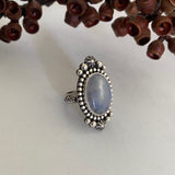 Celestial Rainbow Moonstone Ring- Size 5.75- Hand Stamped Sterling Silver